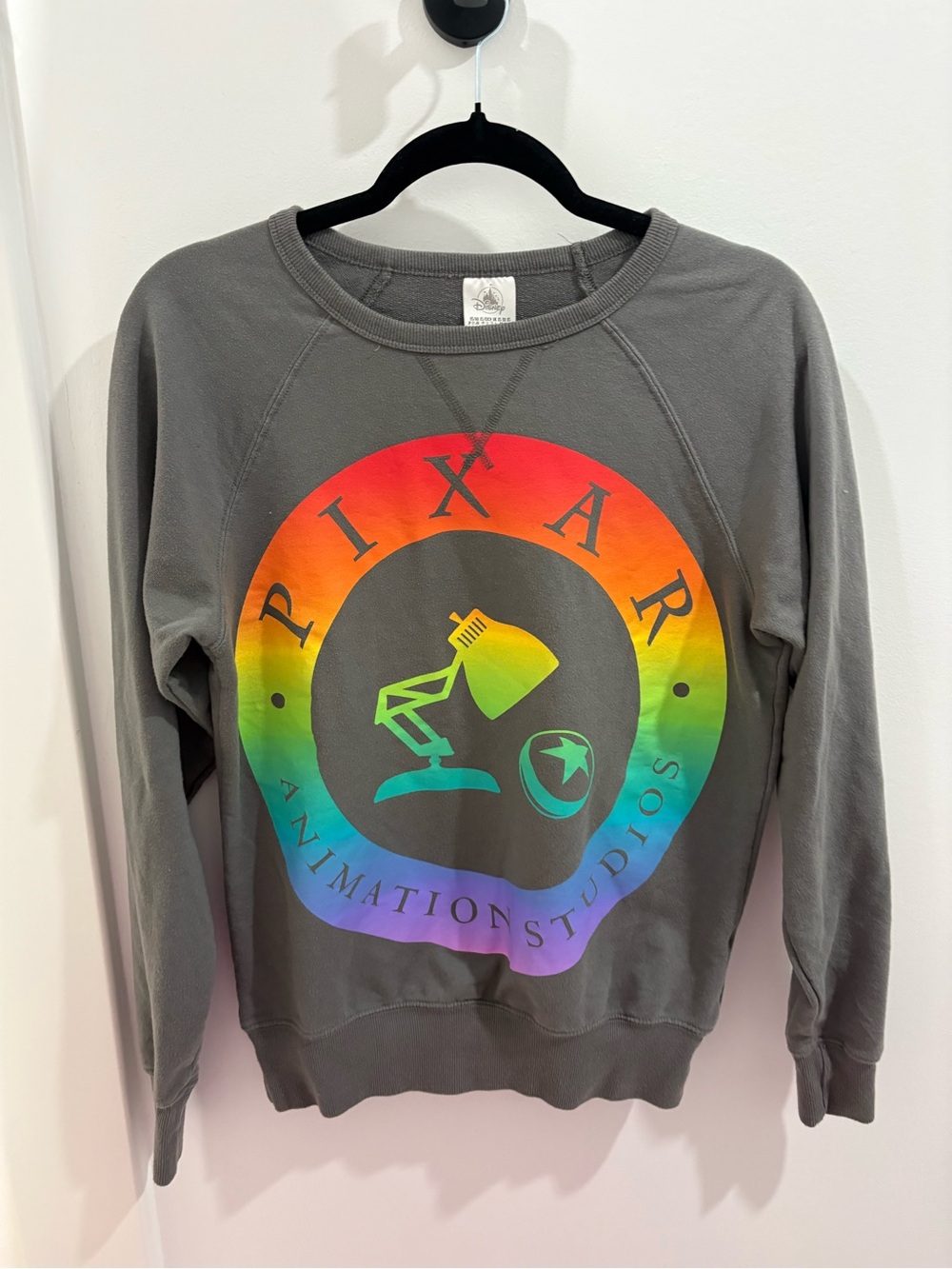 Disney Gray Crewneck Sweatshirt with Rainbow Pixar Logo